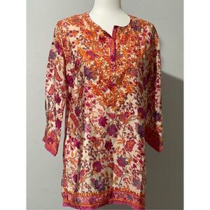 Gretchen Scott boho floral Embroidered tunic top 3/4 sleeve S